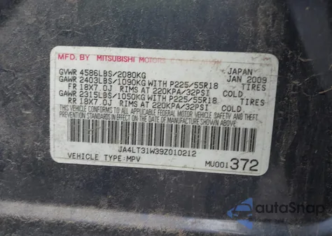 2009 Mitsubishi Outlander Se z USA, uszkodzony, nr VIN JA4LT31W39Z010212